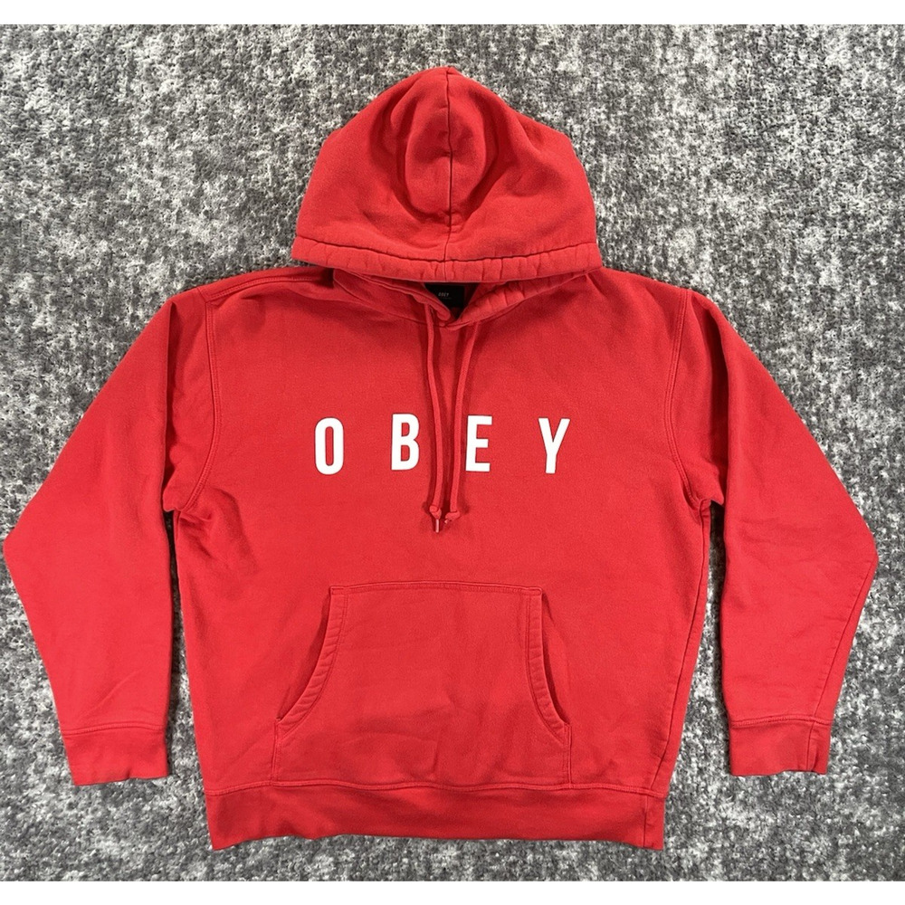 Obey Mens Medium Sweatshirt Y2K Red Hoodie Logo Fleece Pullover